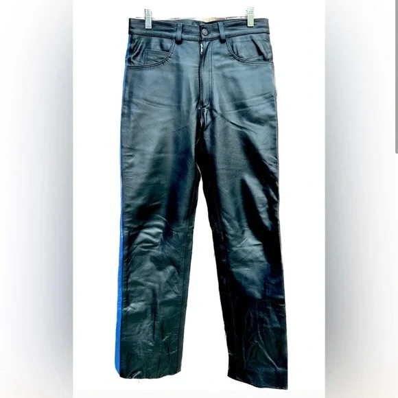 KOOKIE 100% Leather Motorcycle Pants with Blue Stripe on the sides (size: 30)